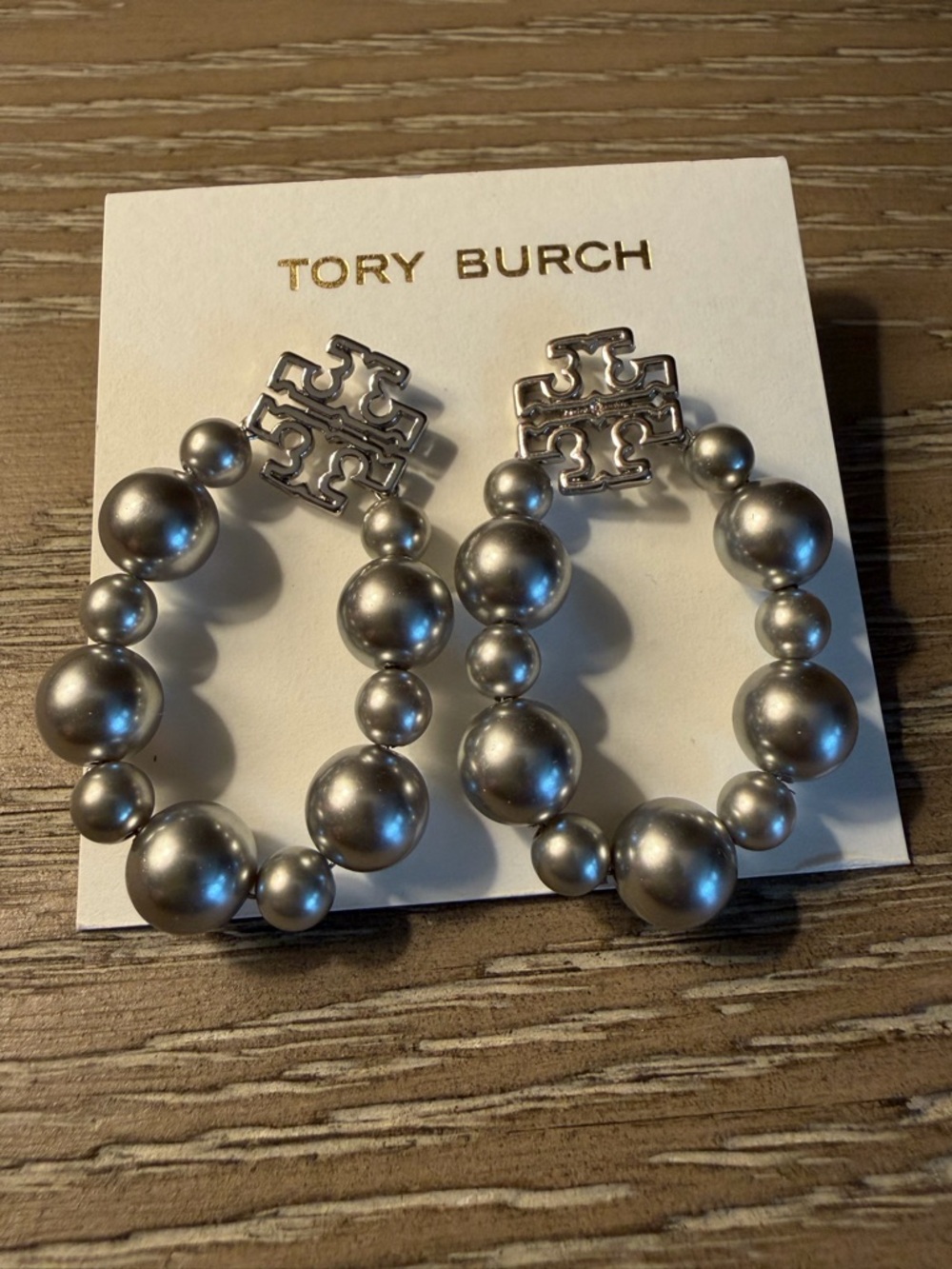 Tory Burch - Metallic Silver Beaded Hoop Earrings with Logo Top